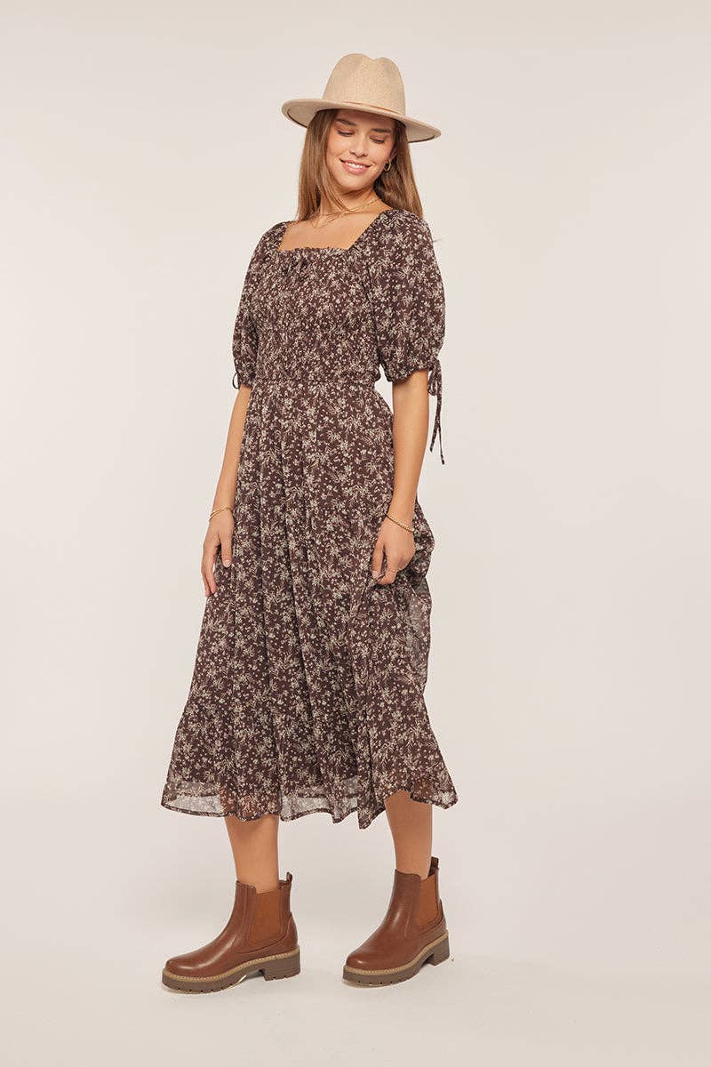 Dreamy Floral Chiffon Dress: Brown