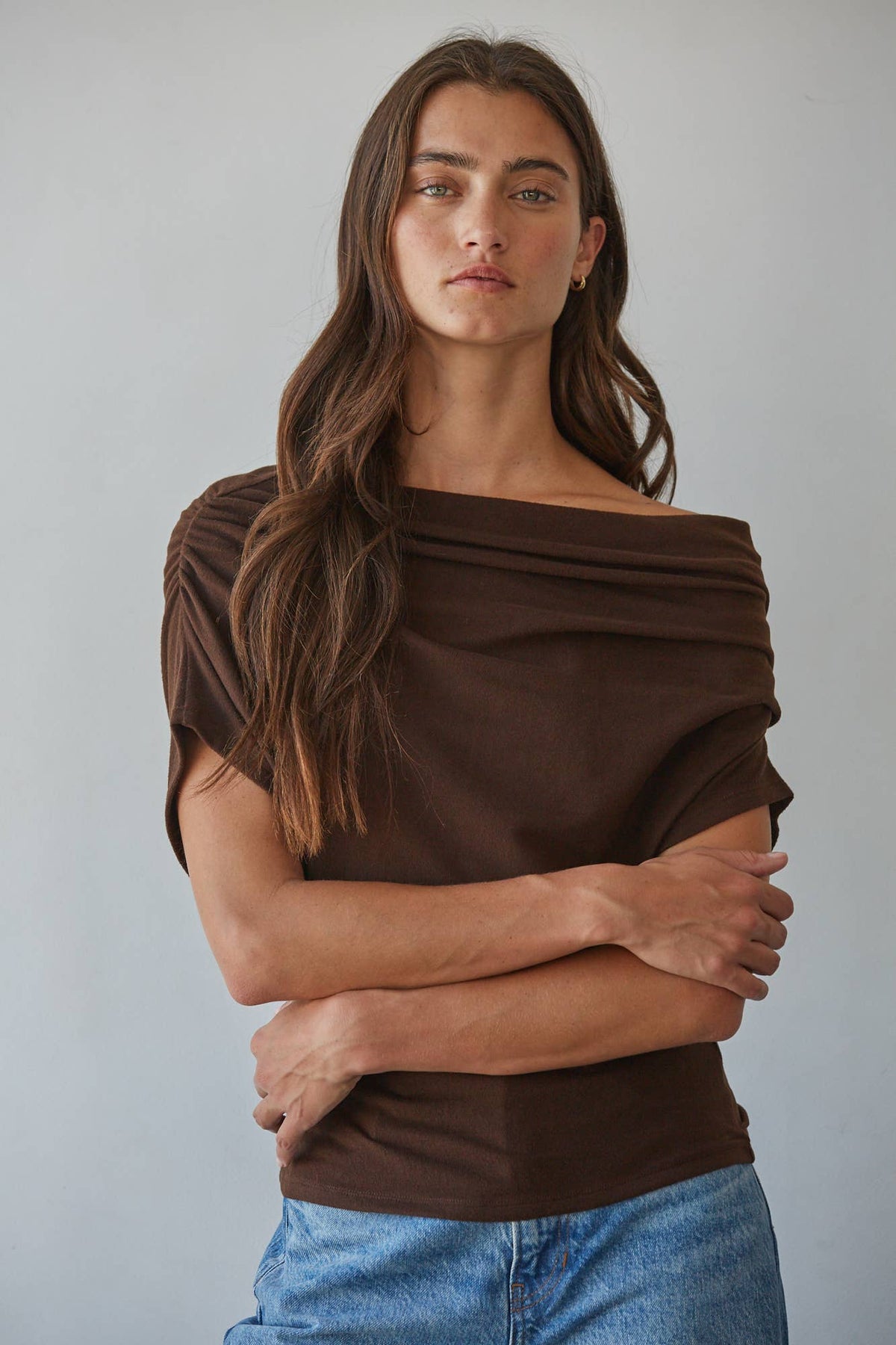 Off Shoulder Drape Top: Brown