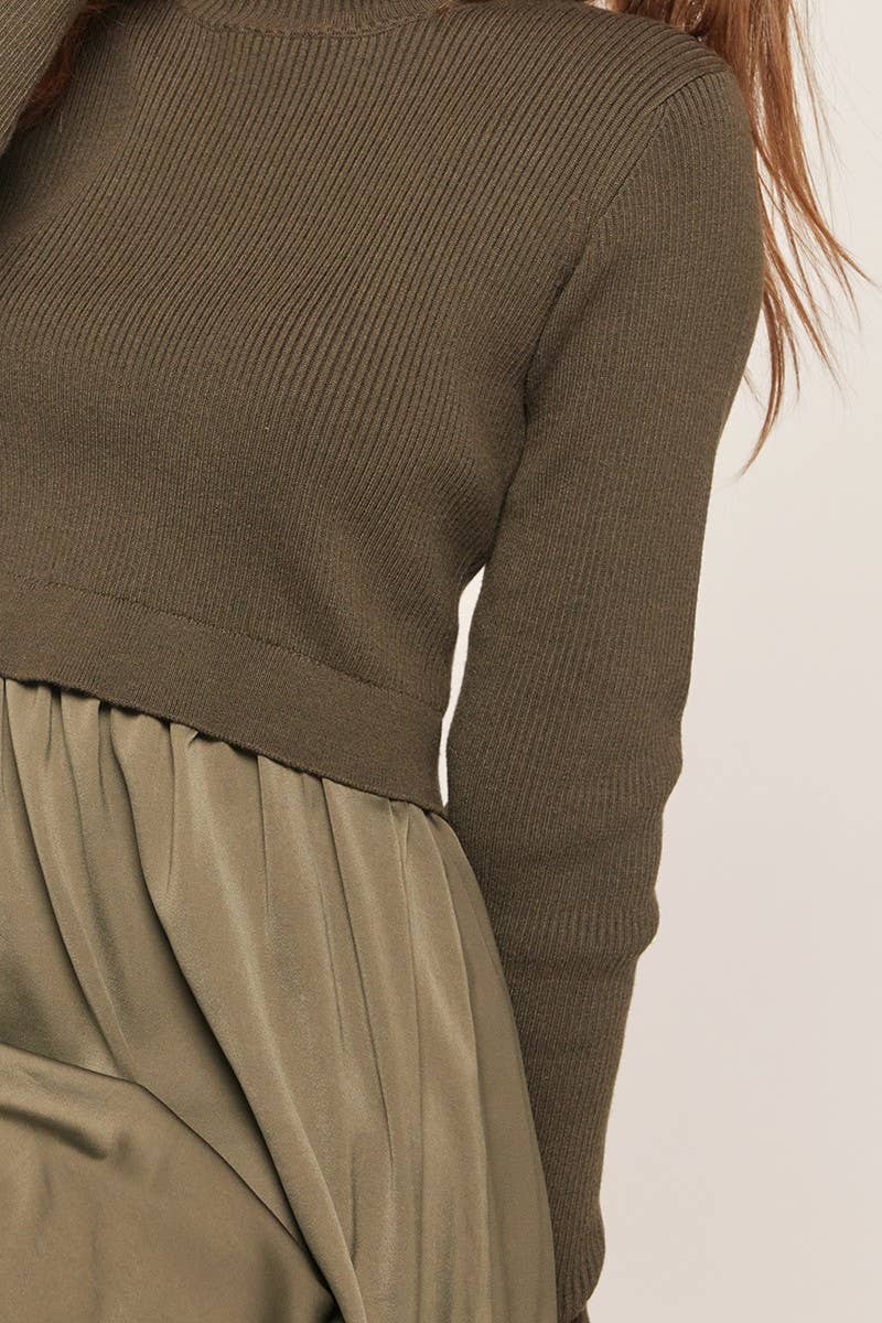 Mixed Media Sweater Dress: Olive